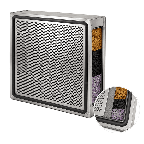 Close view of chemical filter retaining screen granular media and gasketed flange