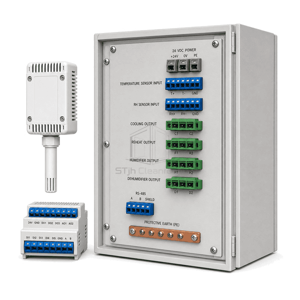 Rear three-quarter view of the entire temperature-humidity panel with dedicated sensor input and humidifier-reheat output connectors clearly exposed