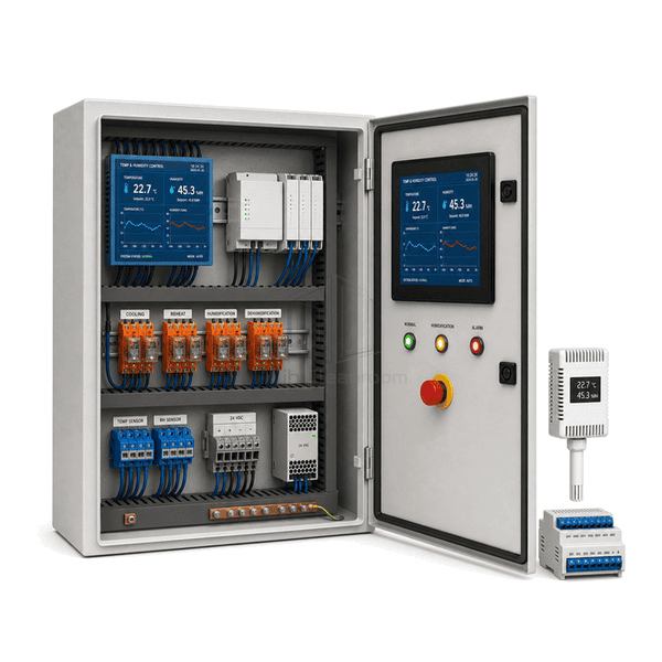 Open side view showing sequenced HVAC output relays and sensor terminals