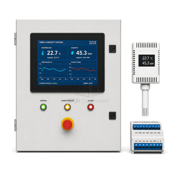 Front view of temperature and humidity controller with blue environmental trend display