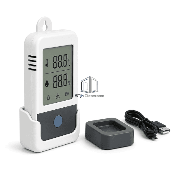 Temperature and humidity data logger side profile showing holder depth