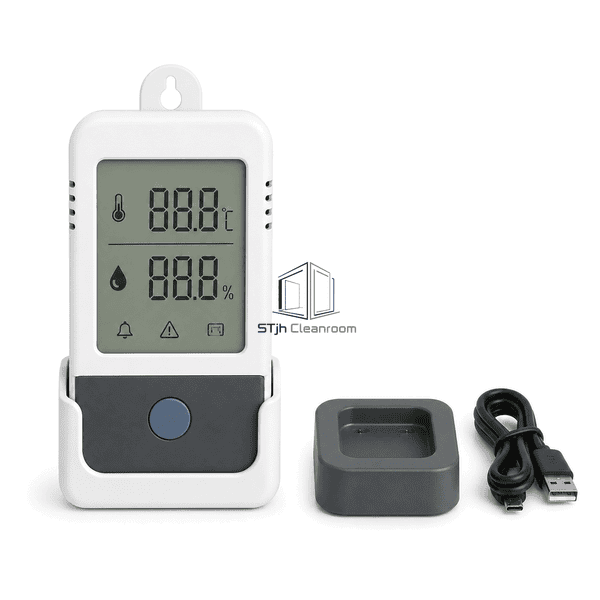 Temperature and humidity data logger front view showing display and status key