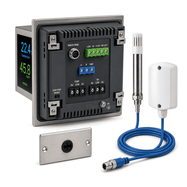 Rear three-quarter view of the entire T-RH display with remote-probe socket, ventilation path and dual-output terminal clearly exposed