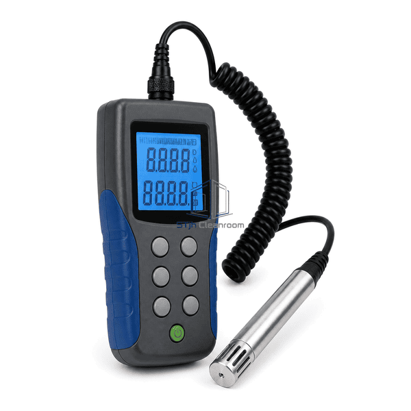 Temperature and humidity meter side profile showing housing depth and probe cable