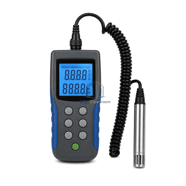 Temperature and humidity meter front view showing backlit display and keypad