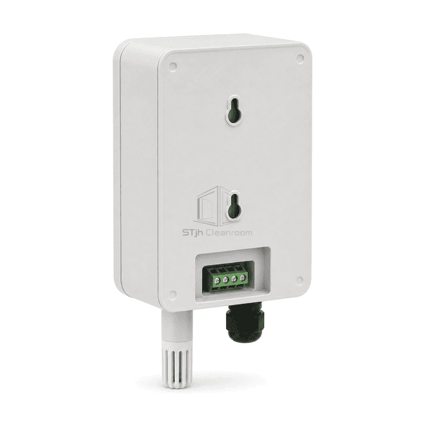 Rear service view of the temperature and humidity sensor two keyhole mounts four-position terminal and cable gland