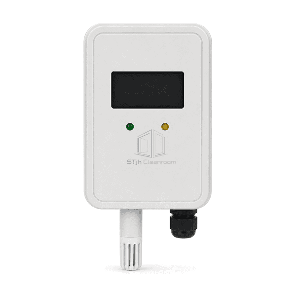 Straight front view of the temperature and humidity transmitter dark display two indicators probe and cable gland