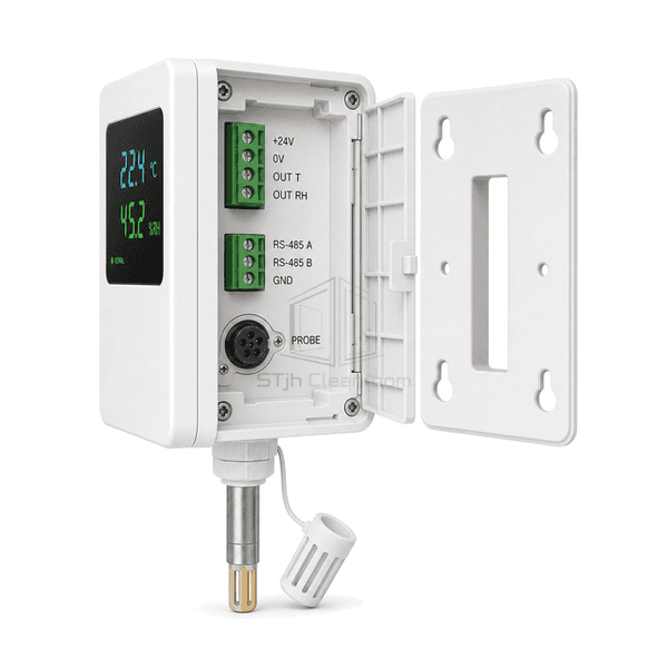 Rear three-quarter view of the entire T-RH transmitter with removable probe filter and separate temperature-humidity output terminals clearly exposed