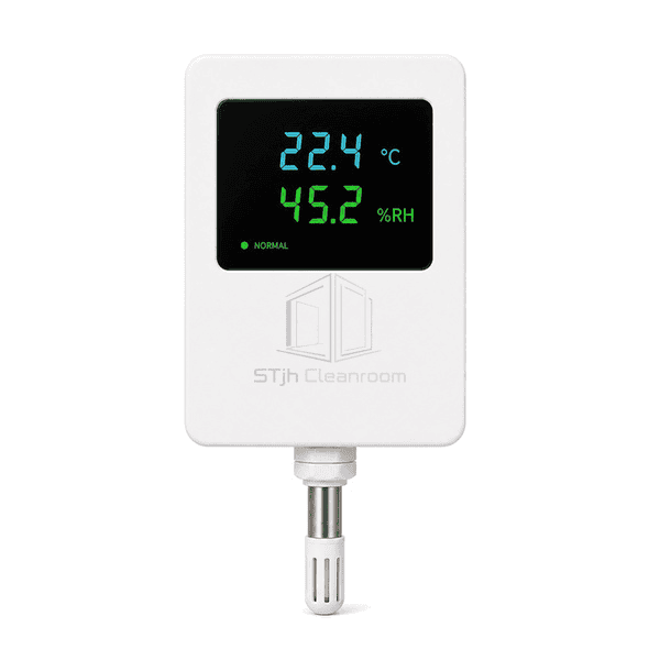 Front view of combined temperature and humidity transmitter showing dual measurements
