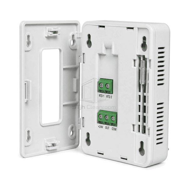 Rear three-quarter view of the entire temperature sensor with snap-off wall plate, RTD terminal pair and cable channel clearly exposed