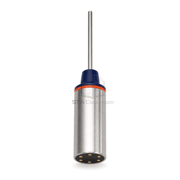 Temperature validation logger front view showing cylindrical stainless body and six reader contacts