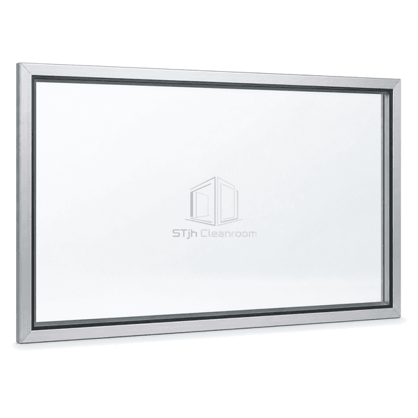 Complete tempered-glass cleanroom window in an installed wall frame