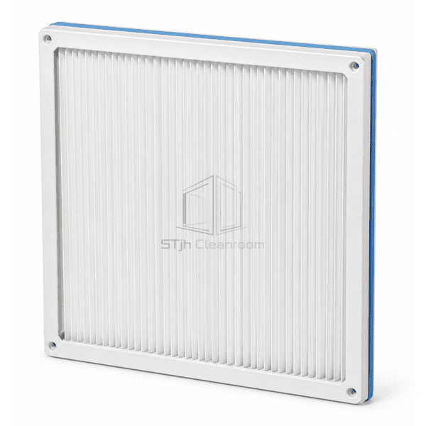 Rear-right upstream view of exposed terminal HEPA mini-pleats blue silicone gasket shallow frame and mounting holes