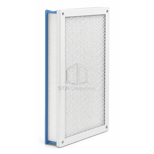 Side profile showing shallow mini-pleat pack and ceiling-frame seal