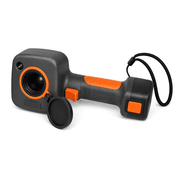 Thermal imaging camera horizontal side view showing the pistol grip, trigger, covered data interface and battery compartment