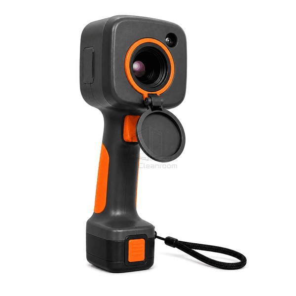 Thermal imaging camera lens-interface view showing the germanium optic, orange lens ring, visible camera and hinged protective cap