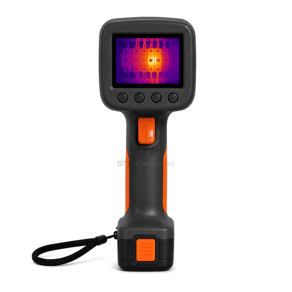 Thermal imaging camera rear display view showing a generic thermogram, four-button keypad, handle and wrist strap