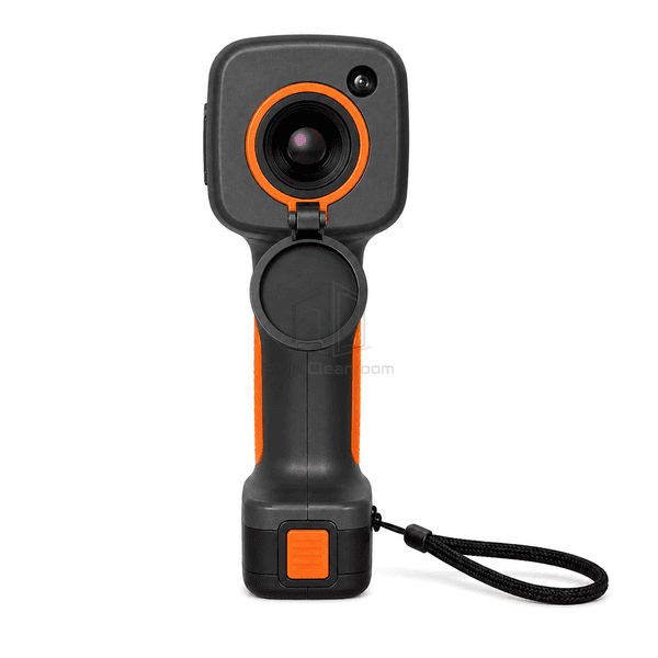 Thermal imaging camera straight front view showing the central IR optic, visible-light camera, hinged lens cap and orange trigger