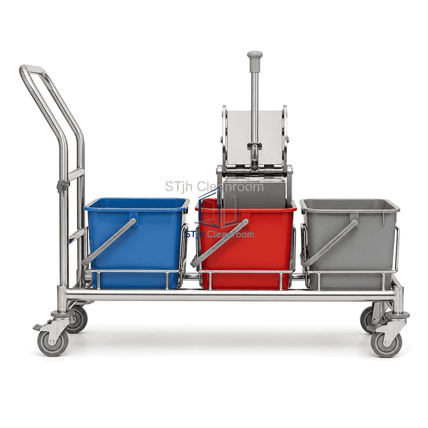 Complete three-bucket trolley in horizontal view