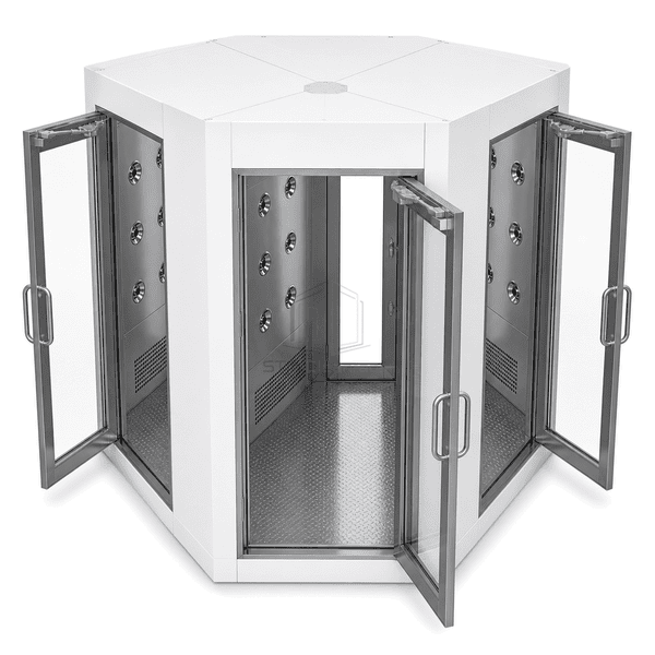 Interior central chamber showing three door frames and ceiling nozzle coverage