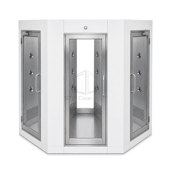 Front entrance of the three-door air shower and route indicators