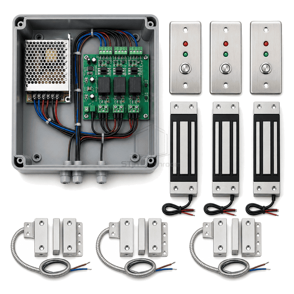 Three-door branching airlock layout with installed interlock components