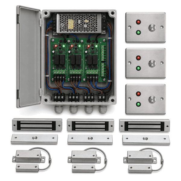 Close view of three labeled door channels and configurable logic terminals