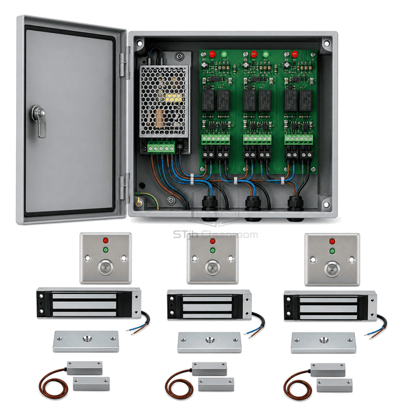 Open three-channel interlock cabinet showing relays and terminal groups