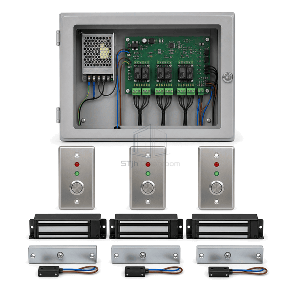 Upright front view of three cleanroom interlock request and status indicator plates