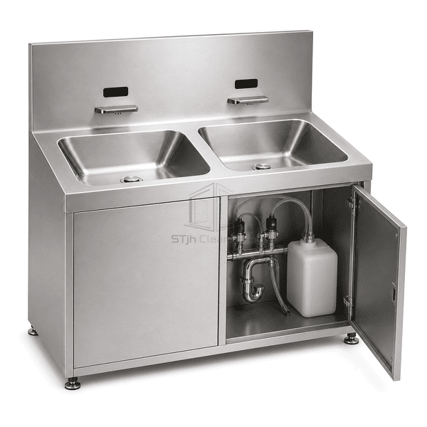 Side view of hand-washing station soap pump, valves and drain