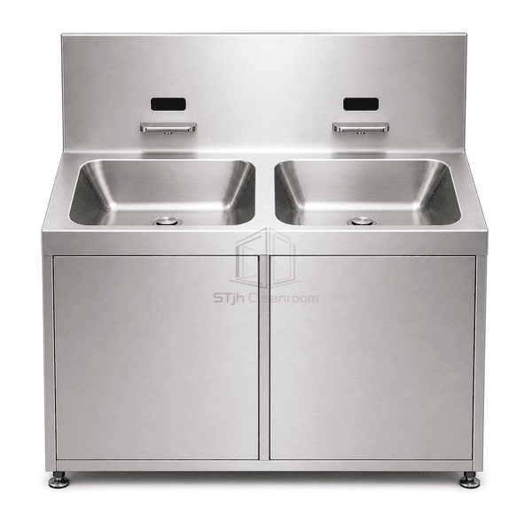Front view of sensor hand-wash basin and recessed outlets