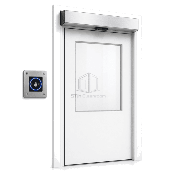 Touchless switch installed beside an automatic cleanroom door
