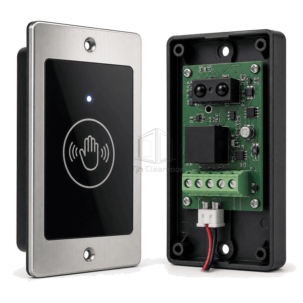 Opened touchless switch showing sensor board and terminals