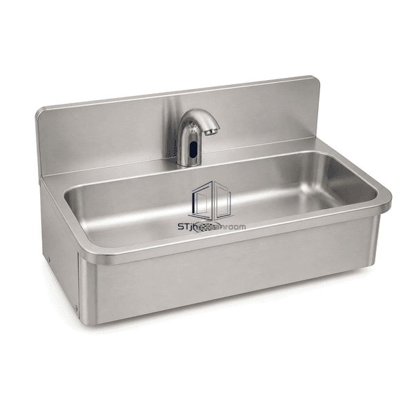 Elevated view of touchless hand washing sink splash-control geometry