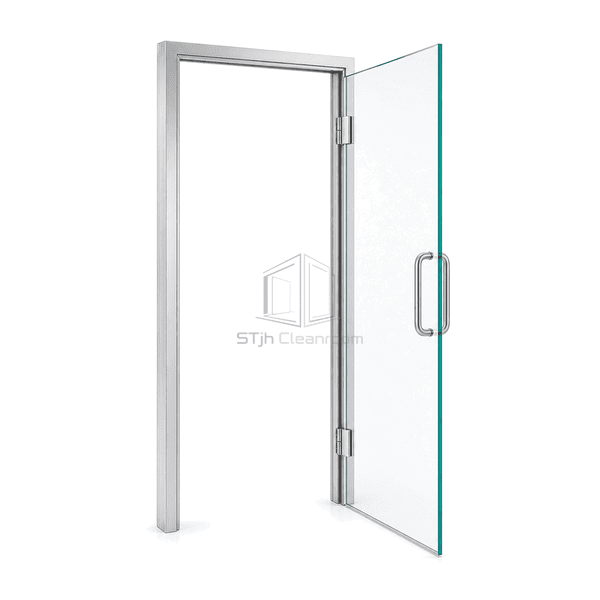 Open glass cleanroom door showing complete leaf and stainless hardware