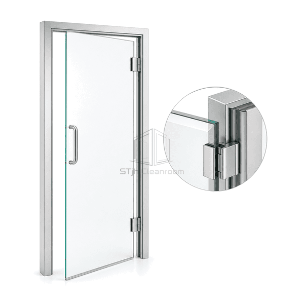 Stainless hinge and sealed frame interface on a glass cleanroom door
