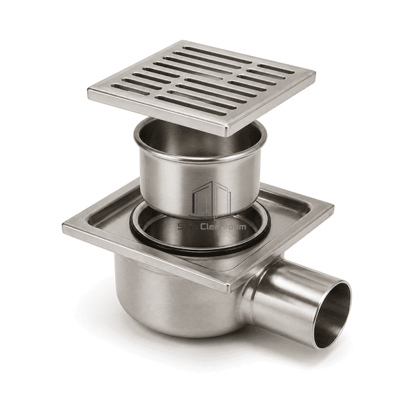 Complete cleanroom floor drain showing the removable trap cup and gasket interface