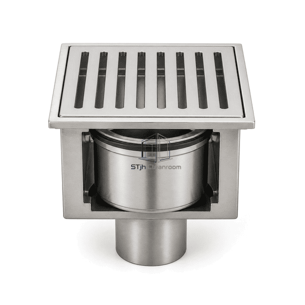 Front view of the trapped cleanroom floor drain with flush removable grate