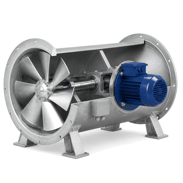 Side profile showing the external motor shaft and flanged tube-axial casing