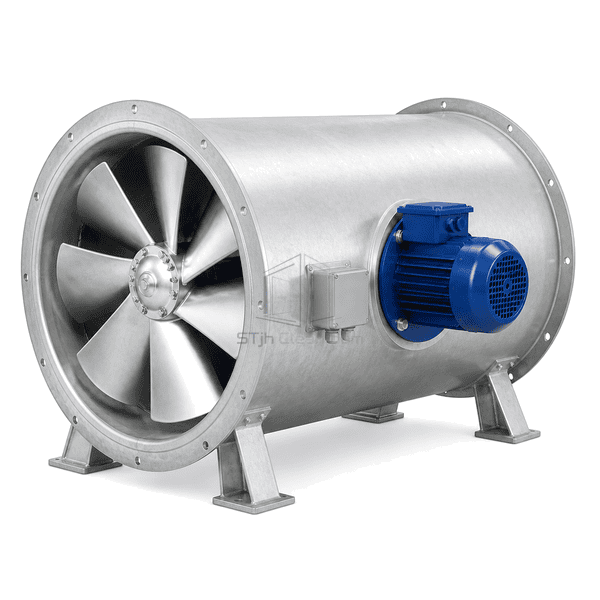 Complete horizontal tube-axial flow fan between circular duct flanges