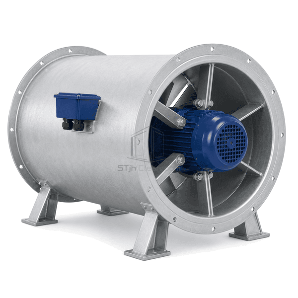 Adjustable aluminum blade hub and casing flange detail on the tube-axial fan