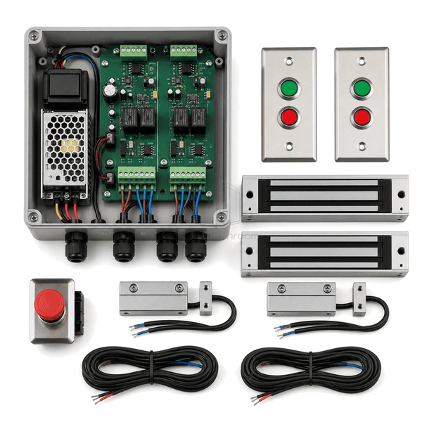 Open two-door controller showing paired lock and sensor channels