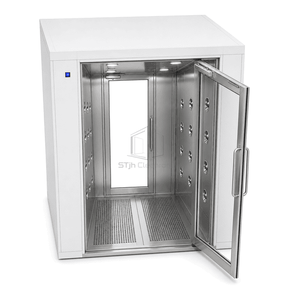 Overhead perspective of the two-occupant air shower floor layout