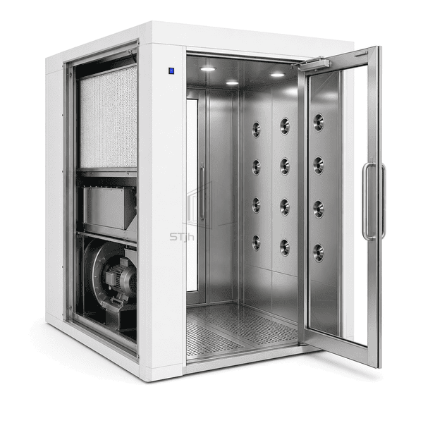 Service-side view of the two-person air shower with multiple blower-filter sections