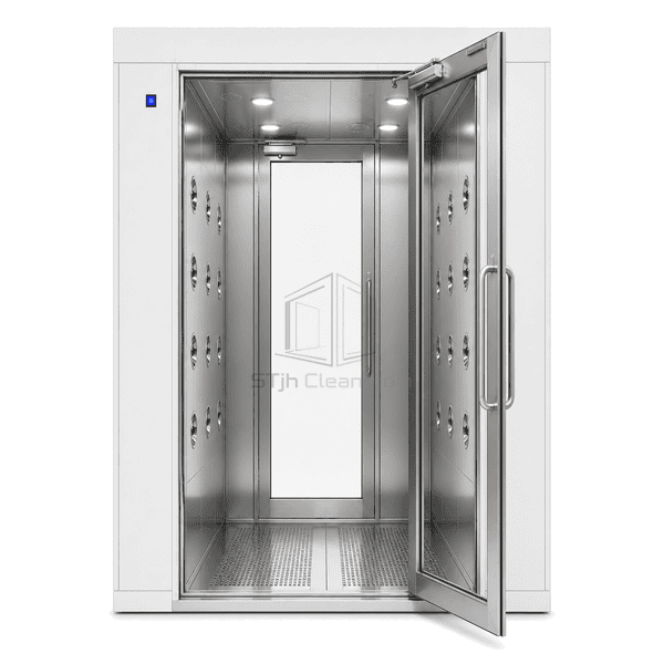 Front view of the wide two-person air shower entrance and control panel