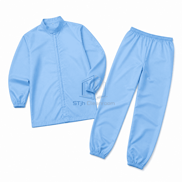 Two-piece cleanroom garment laid flat with both pieces fully visible