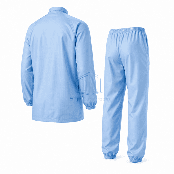 Cleanroom garment jacket closure and trouser waistband structure view