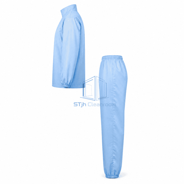 Cleanroom jacket and trousers side profile showing waist overlap