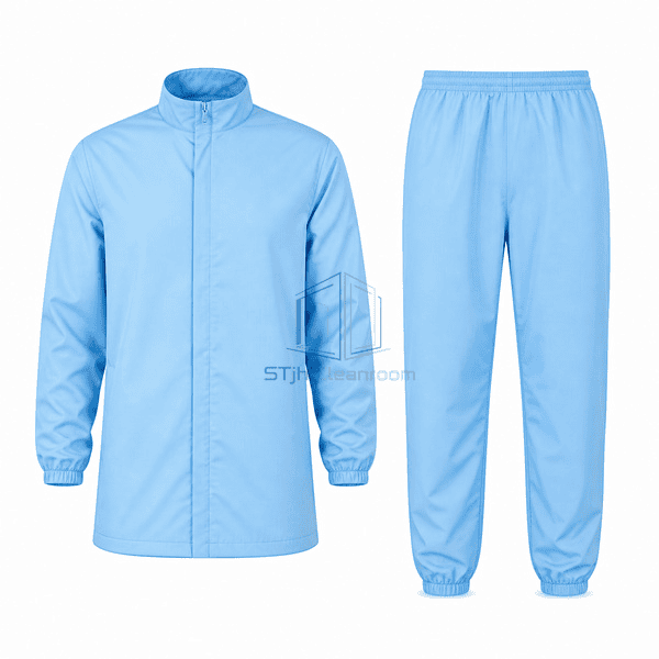 Two-piece cleanroom garment set upright front view