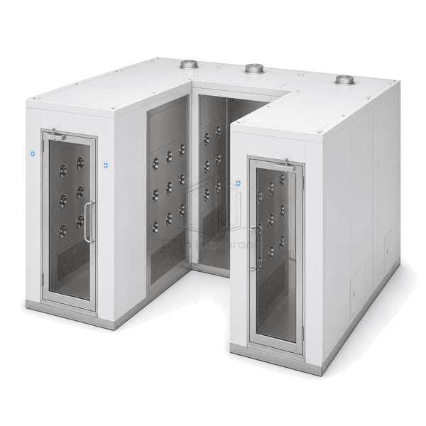 Long side view showing multiple blower-filter zones on the folded chamber